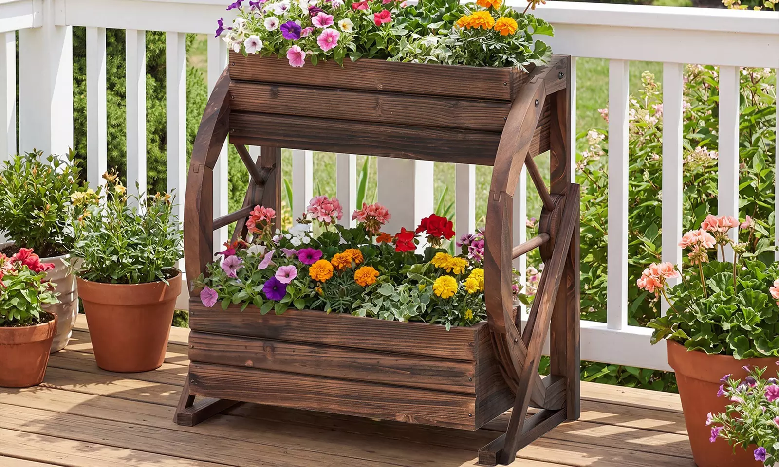 Costway 2-Tier Rustic Wooden Wagon Planter Box with Drainage Holes