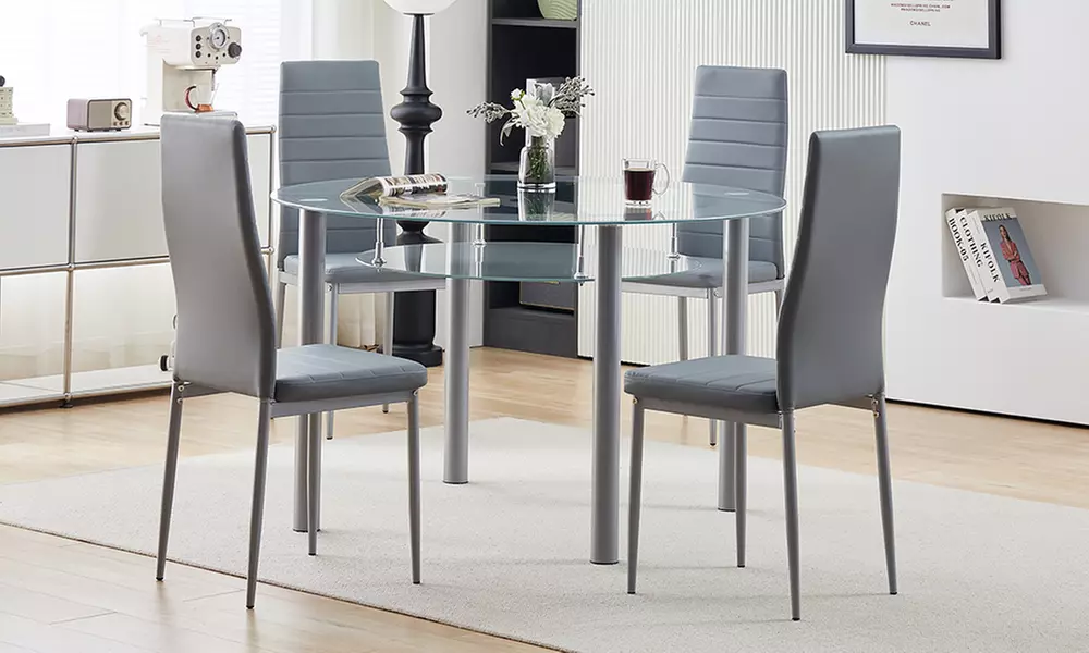 Rocca Glass Dining Set with Circular Dining Table and Four Chairs