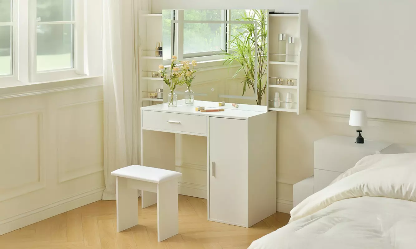 Coiffeuse "Imani" avec 1 tabouret, 3 tiroirs, miroir et éclairage LED Home Deluxe, livraison offerte - Primary Image