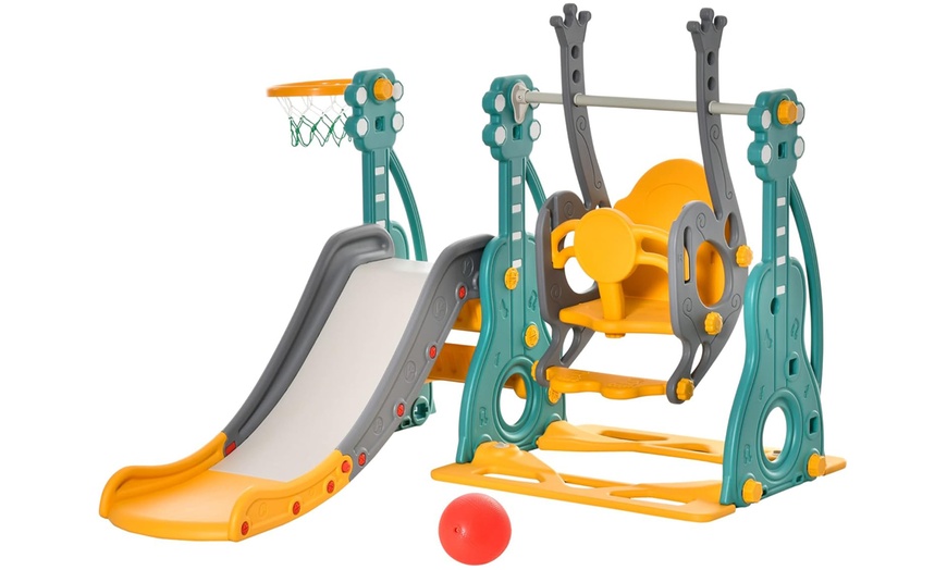 Image 2: HomCom Kids Swing and Slide Set with Basketball Hoop Slide