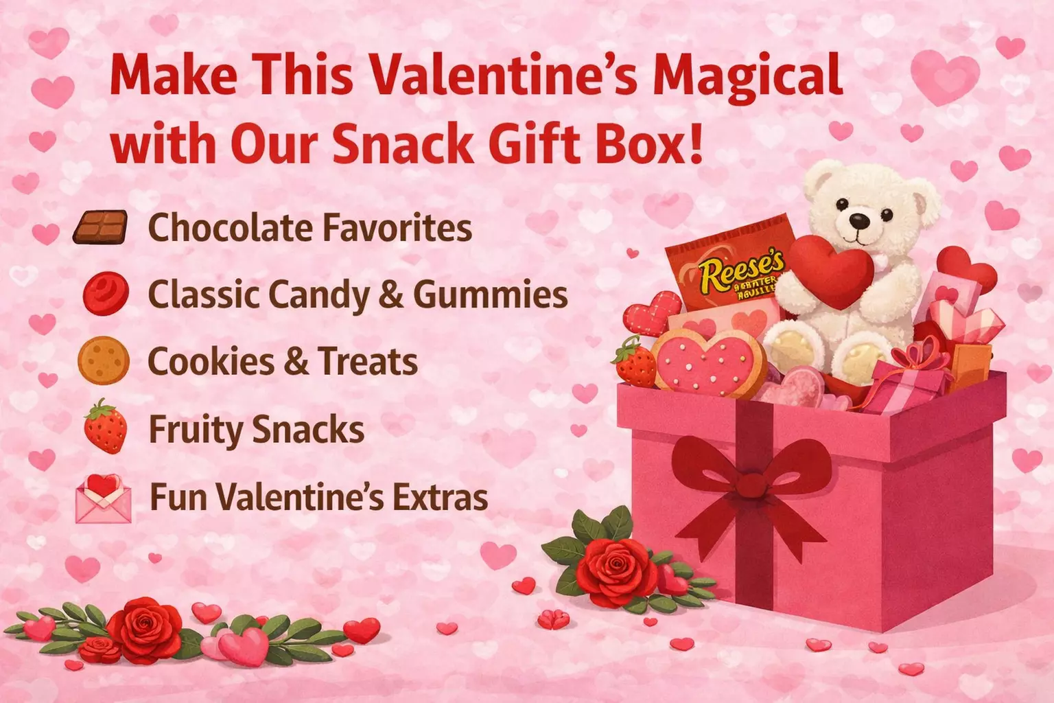 Valentine’s Day Gift Box with Candy, Chocolates, Teddy Bear & Brand-Name Snacks