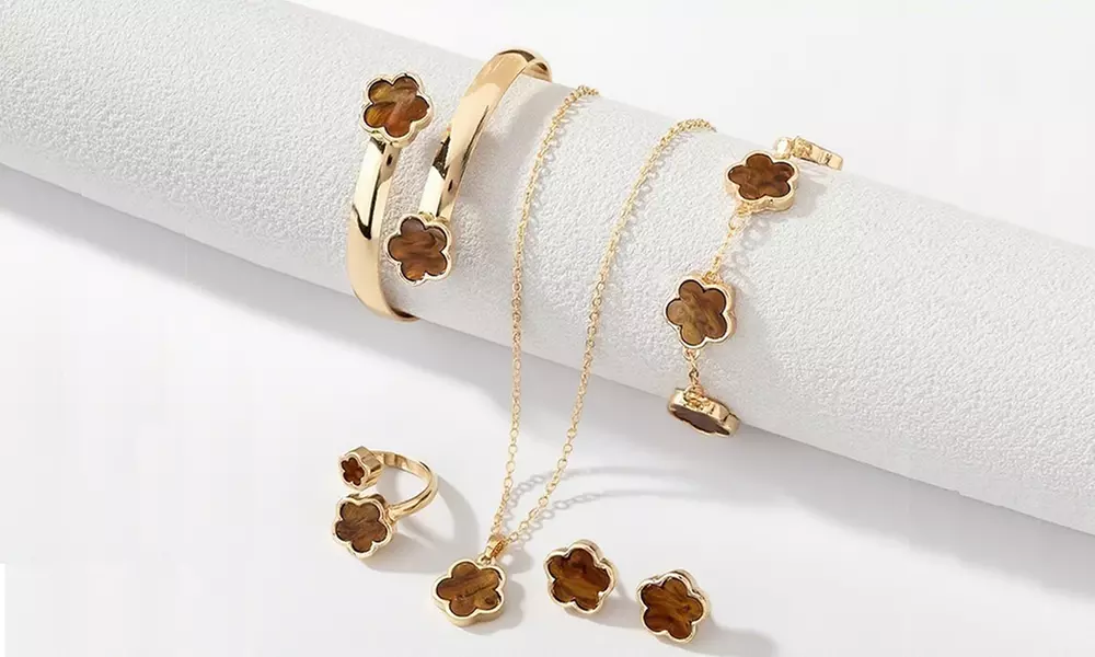 5-teiliges Schmuck-Set mit fünfblättrigem Kleeblatt-Muster