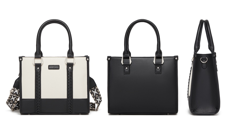 Image 9: Miss Lulu PU Leather Graceful Spacious Tote Bag with Woven Trim Strap