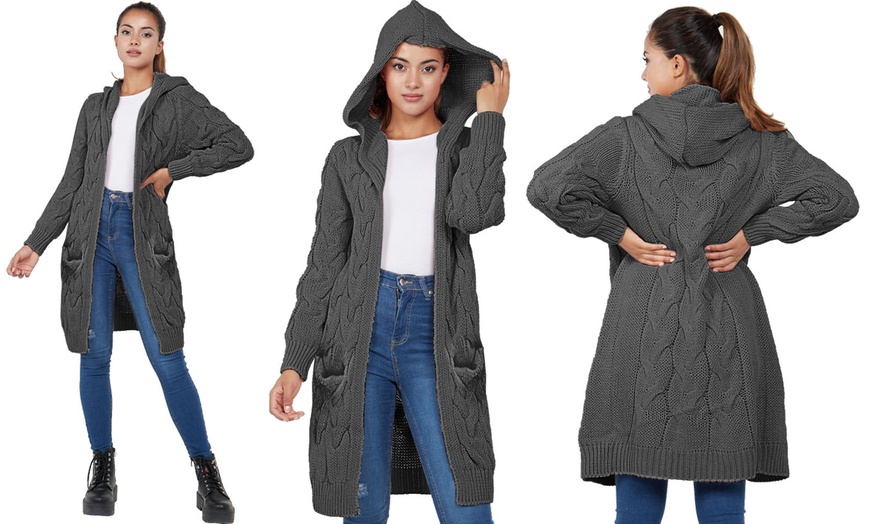 Image 4: Cable Chunky Knit Open Front Hooded Cardigan