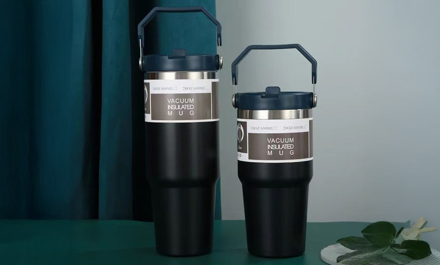 Image 4: Portable Stainless Steel Cup with Hidden Straw and Handle