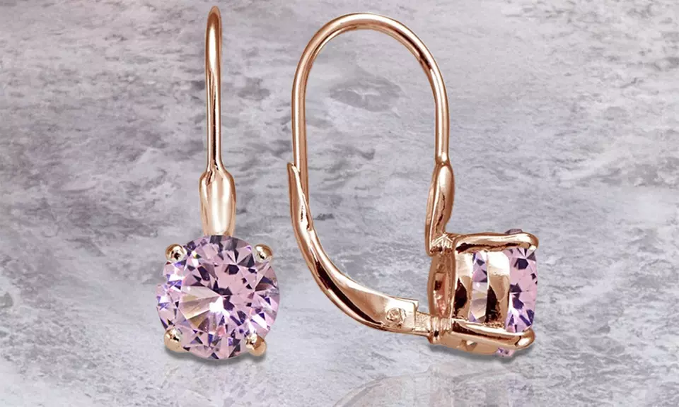 Rose Gold Tone over Silver Simulated Pink Tourmaline Round Leverback Earrings