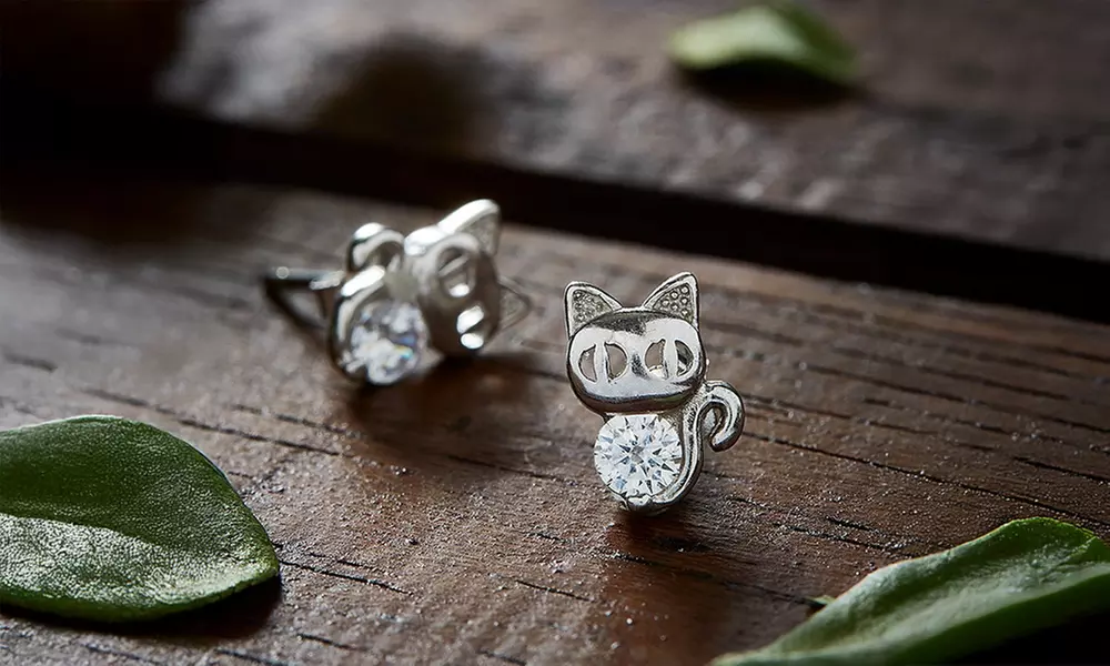 Sterling Silver Crystal Cat Stud Earring