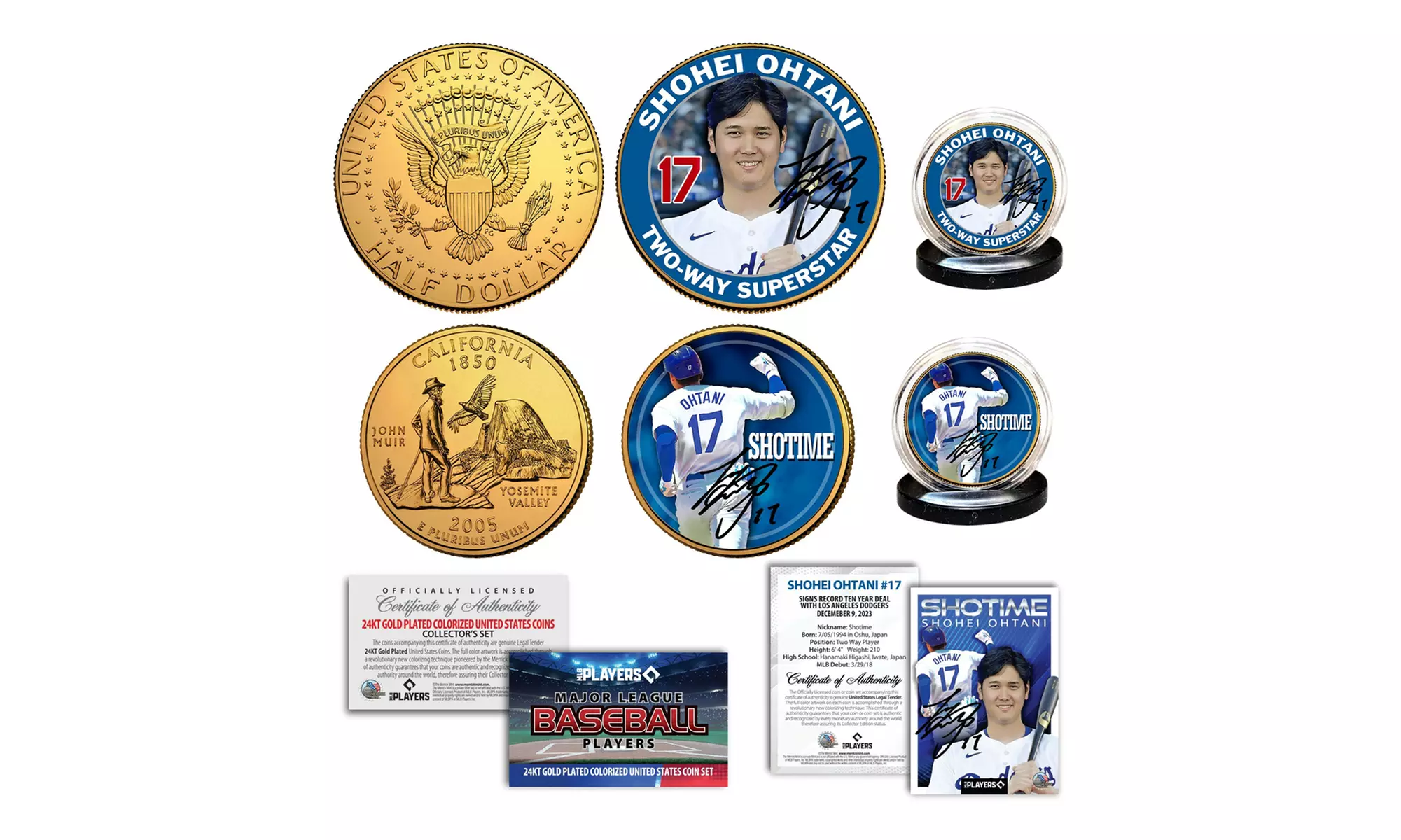 Shohei Ohtani "SHOTIME" LA Dodgers 24K Clad Licensed JFK & Quarter w/ Bonus Card - Primary Image