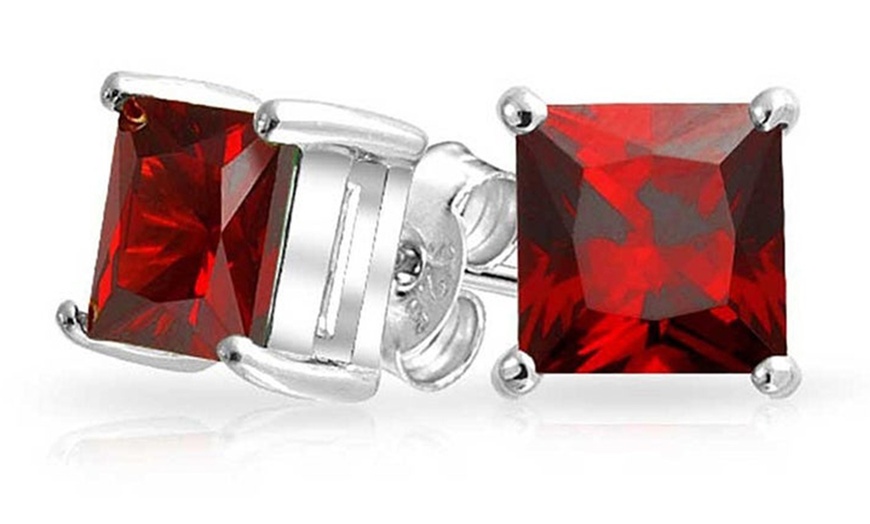 Image 2: Paris Jewelry White Gold Plated 4 Ct Princess Red Garnet Stud Earrings