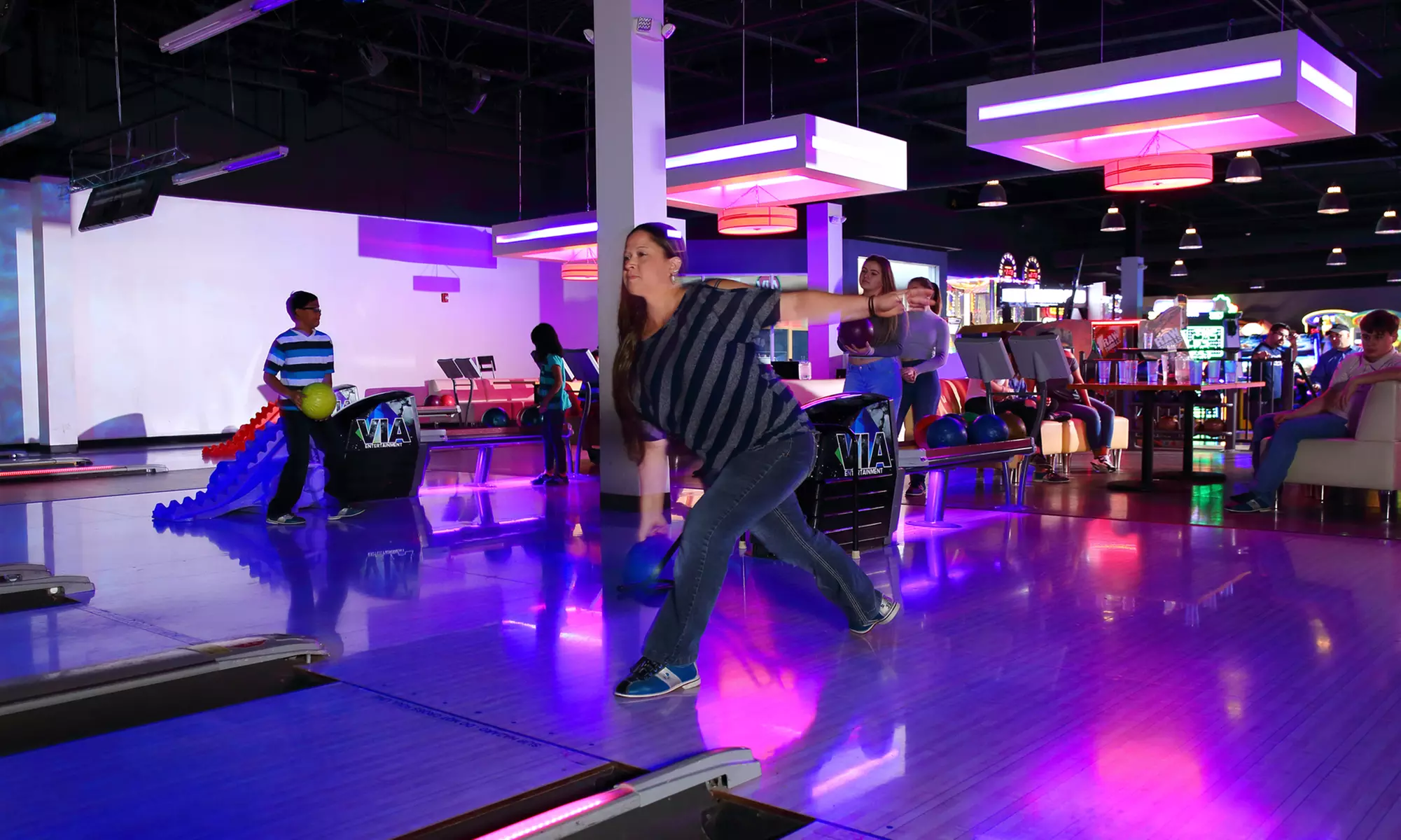 2 Games of Bowling w/ Shoe Rental & $5 Arcade Cards for Two, Three, or Four at VIA Entertainment (Up to 42% Off) - Primary Image