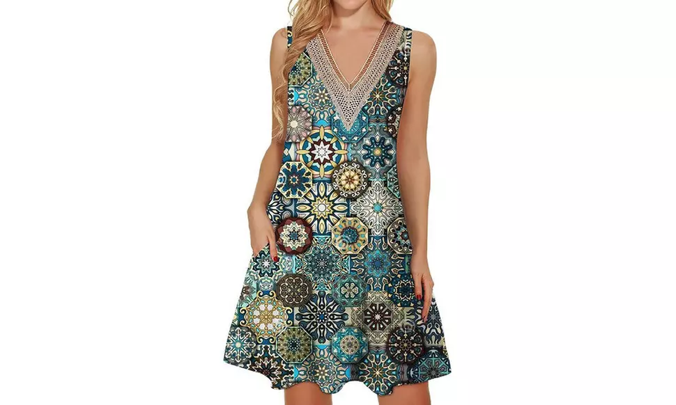 Women Lace Trim V Neck Sleeveless Dress with Pockets S-2X