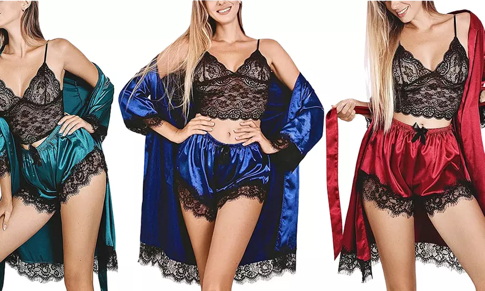 Women's 4pc Lace Silk Lingerie Pajama Set w/ Bralette, Panties, Robe & Shorts
