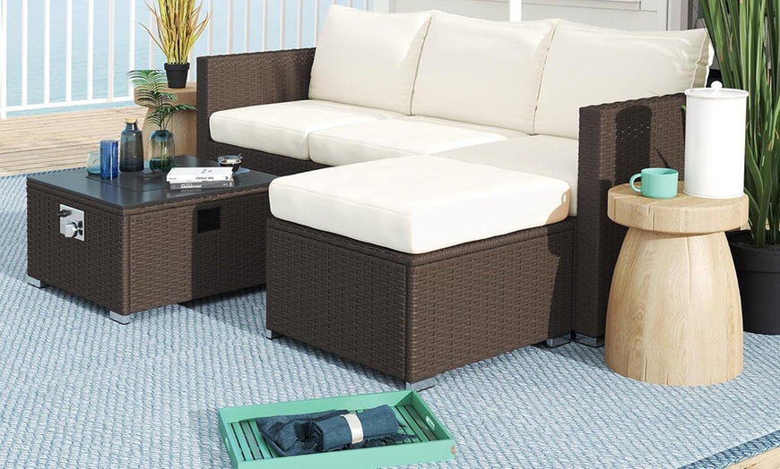 Image 4: Outsunny Five-Piece Rattan-Effect Furniture Set with Fire Pit Table