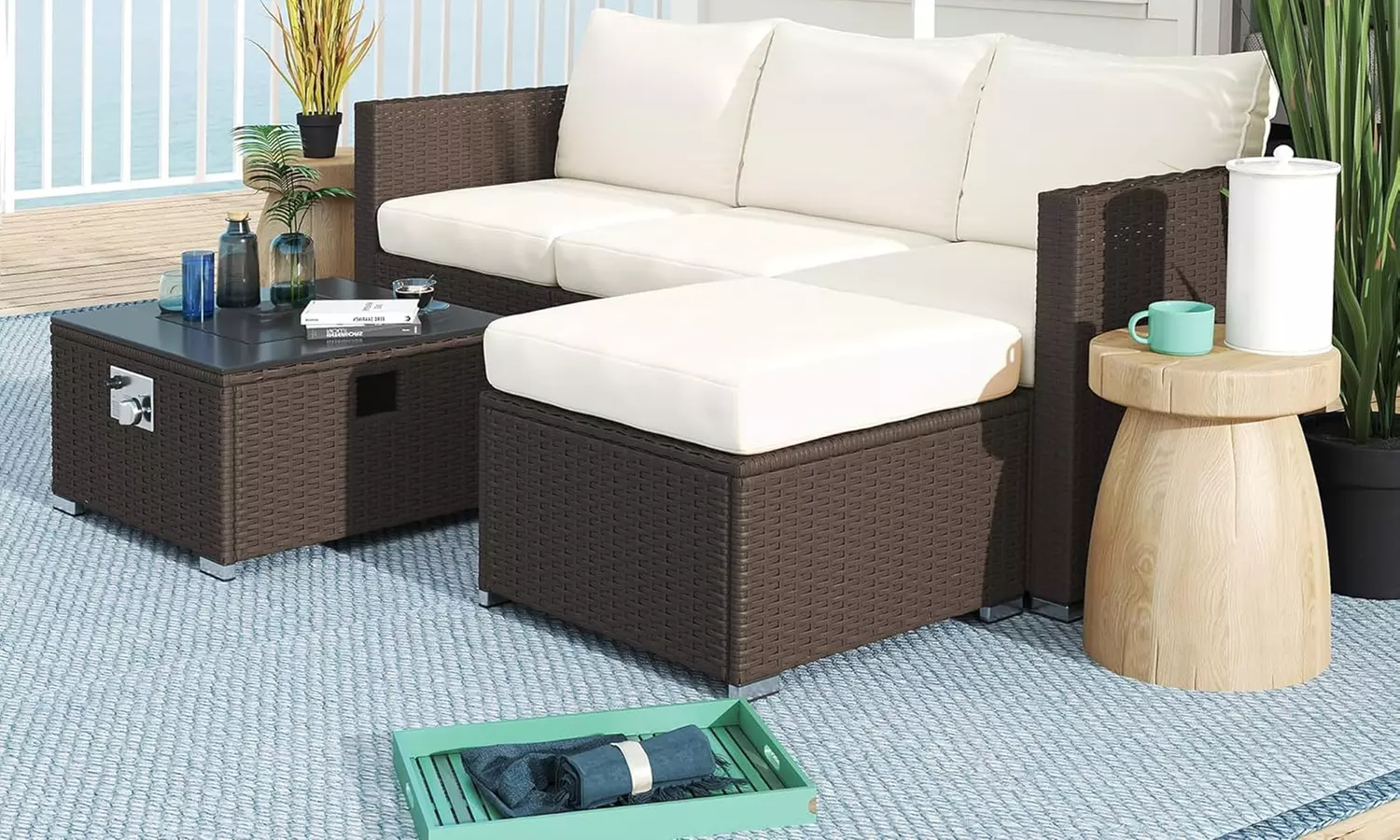 Outsunny Five-Piece Rattan-Effect Furniture Set with Fire Pit Table