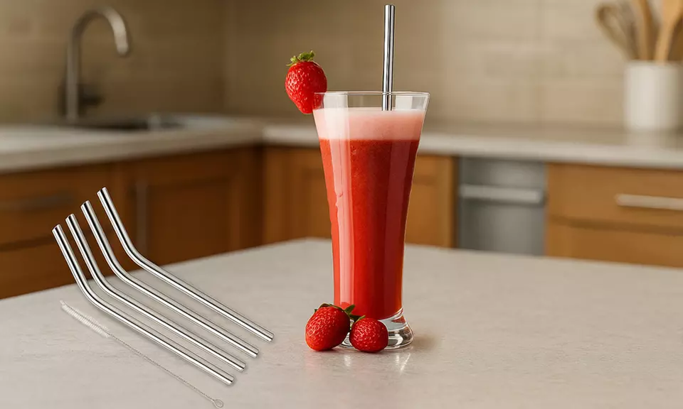 Stainless Steel Drinking Straws, Bent or Straight, With Brush (4 or 8-pack)