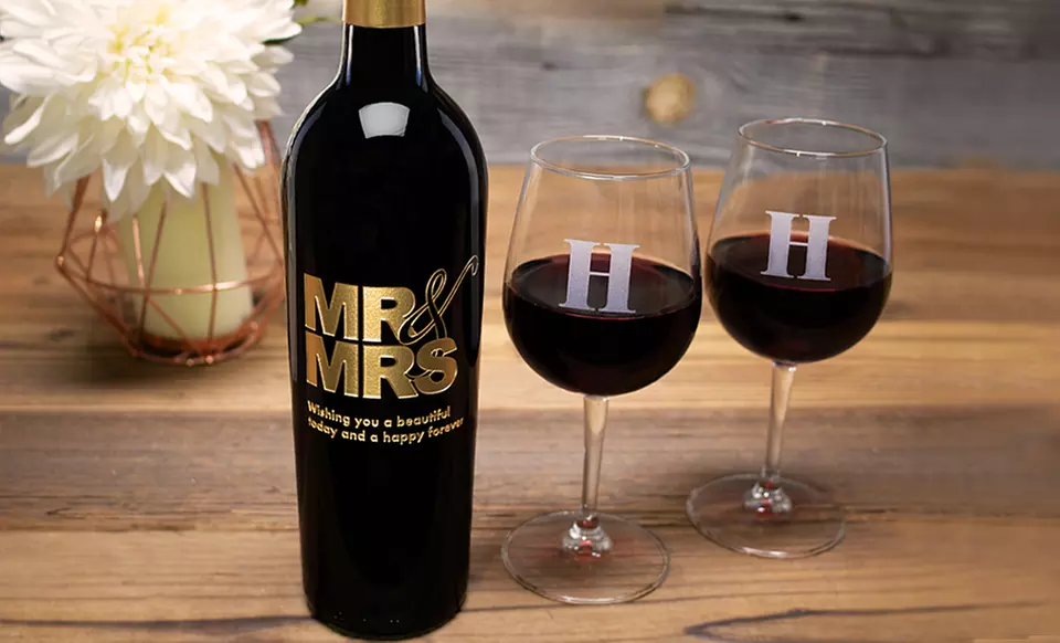 One Etched Wine Bottle or One, Two, Four or Six Etched Monogram Wine Glasses from Etchedwine.com (Up to 67% Off) - Primary Image