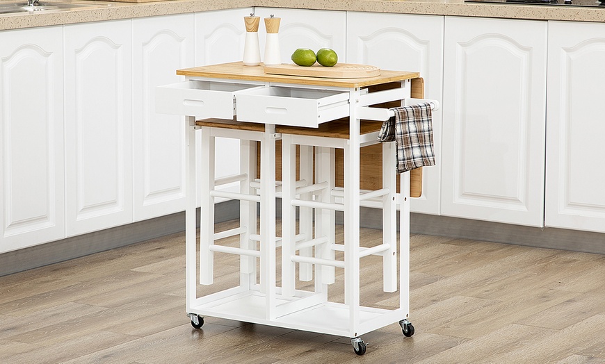 Image 4: HOMCOM Bamboo Breakfast Cart with Drop Leaf Table and Two Stools 