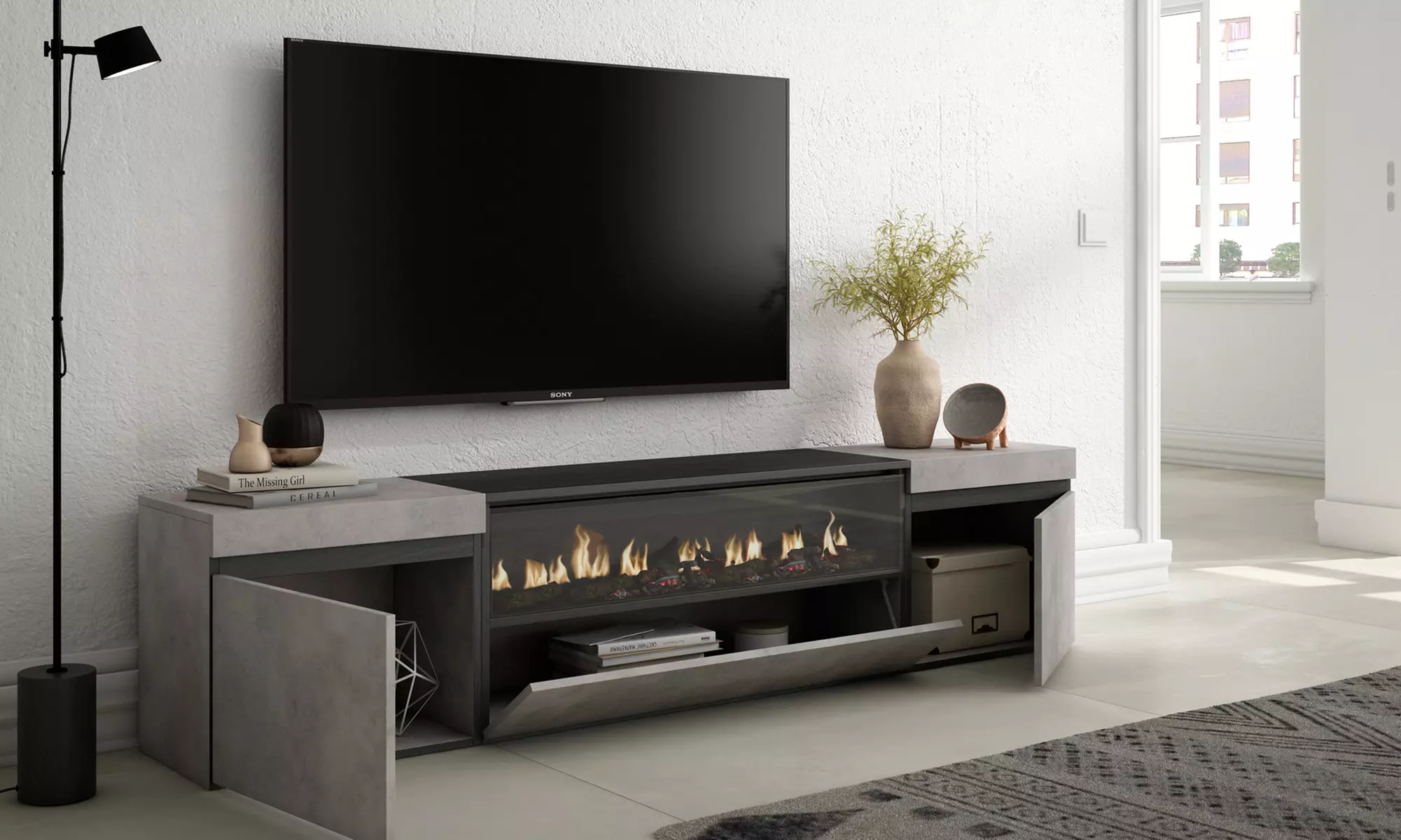 Mobile Porta TV Moderno (200cm) - Scegli tra Camino Elettrico 3D o Vano Extra