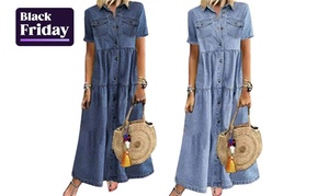 Women's Shirt Denim Maxi Dress