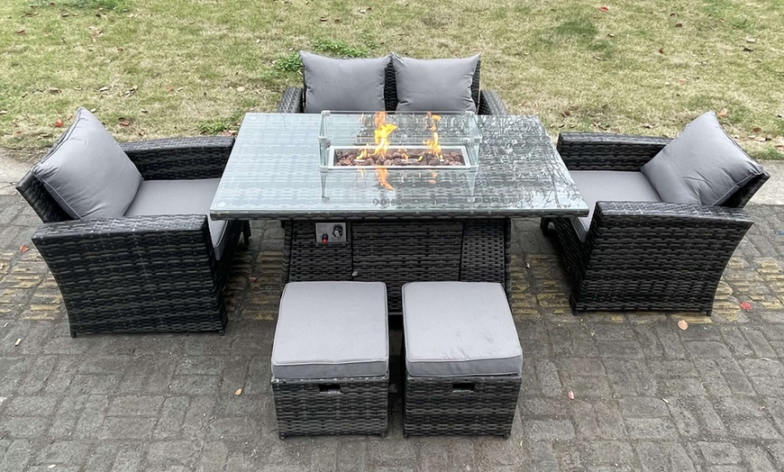Image 1: 6-Seater Rattan-Effect Sofa Set with Gas Firepit Dining Table 