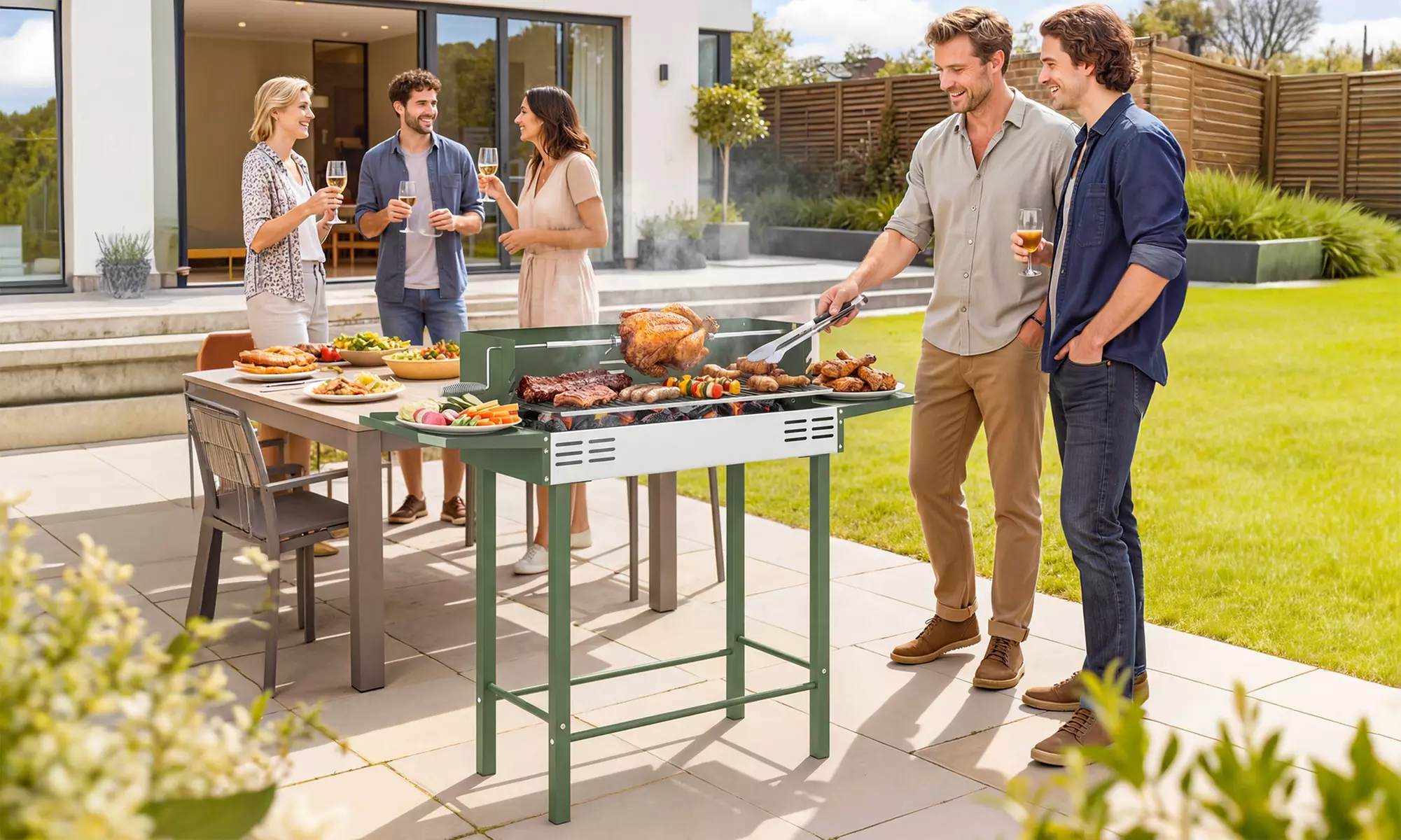 Outsunny Charcoal BBQ Grill with Rotisserie Spit and Side Shelves