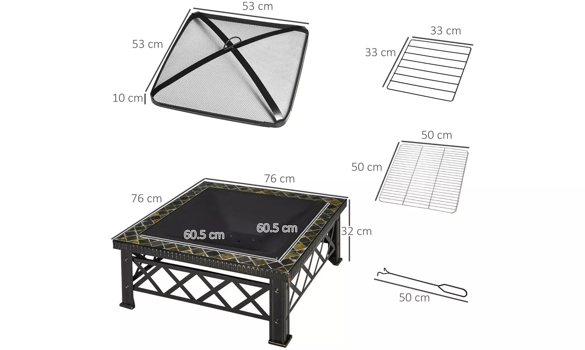 Outsunny Square-Shaped Fire Pit Table with Optional Grill Shelf
