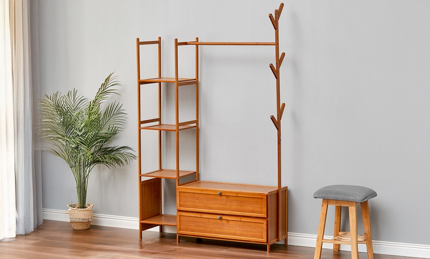 Image 3: Freestanding Bamboo Clothes Rack with Shelves for Storage