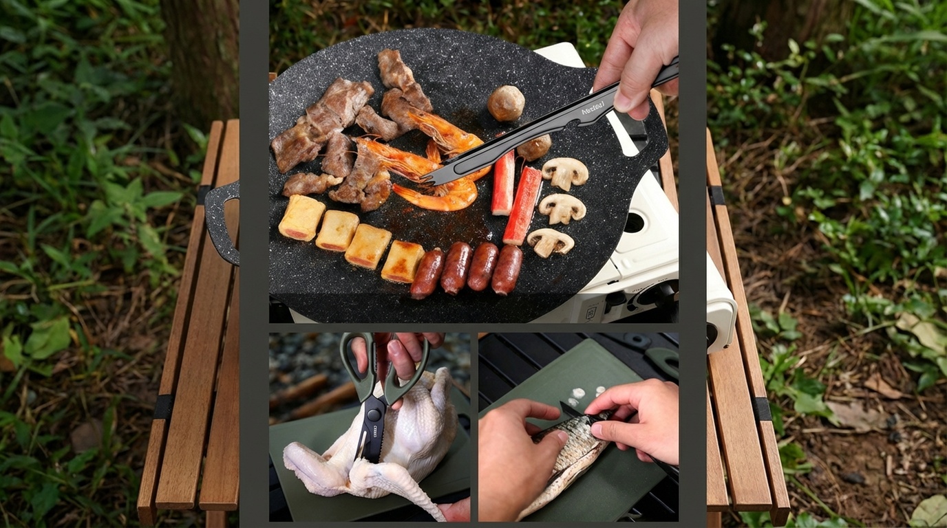 6-in-1 Portable Kitchen Camping Tool Set with Cutting Board and Table