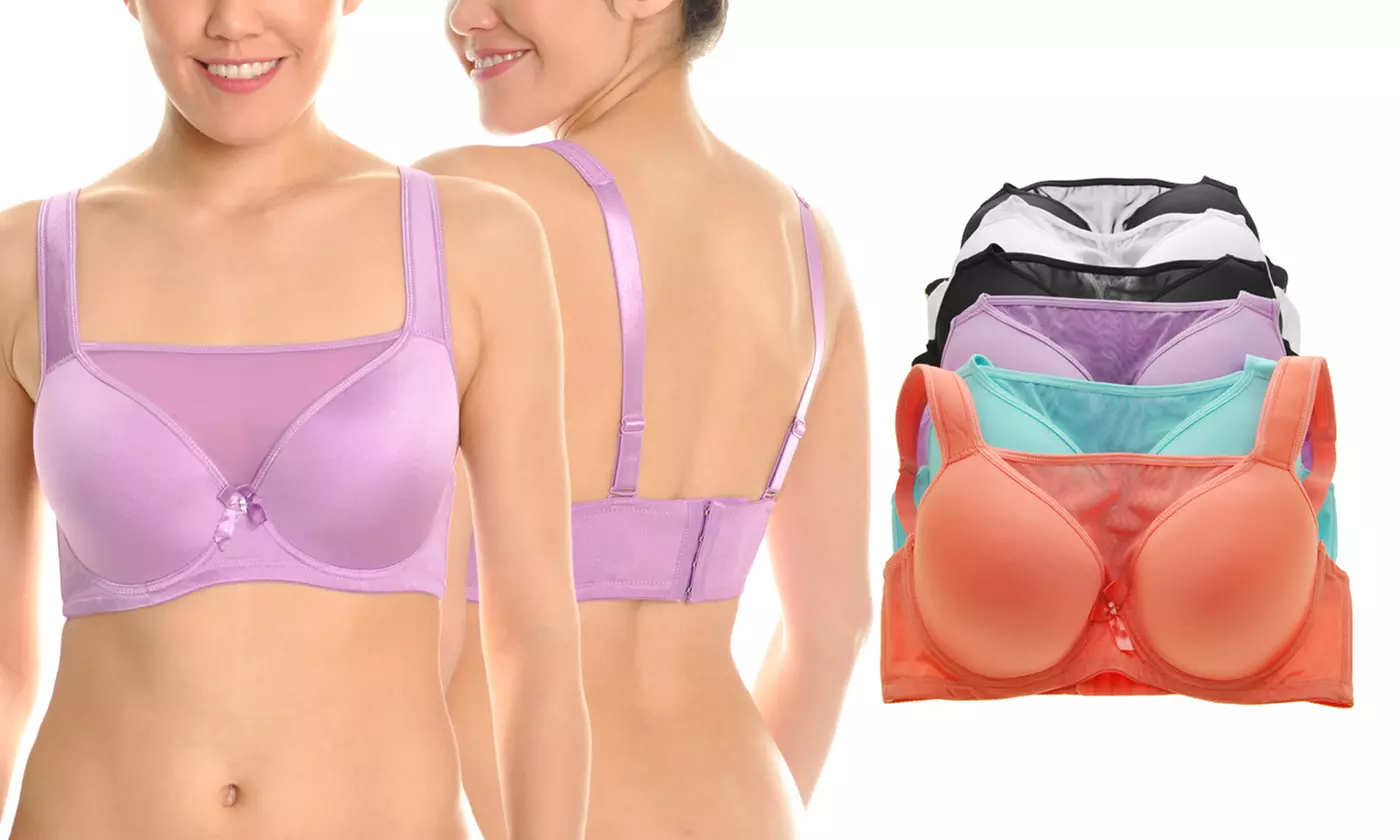 Women's Plus Size Lace Panel T-Shirt Bras w/Cushioned Straps (6-Pack) - Primary Image