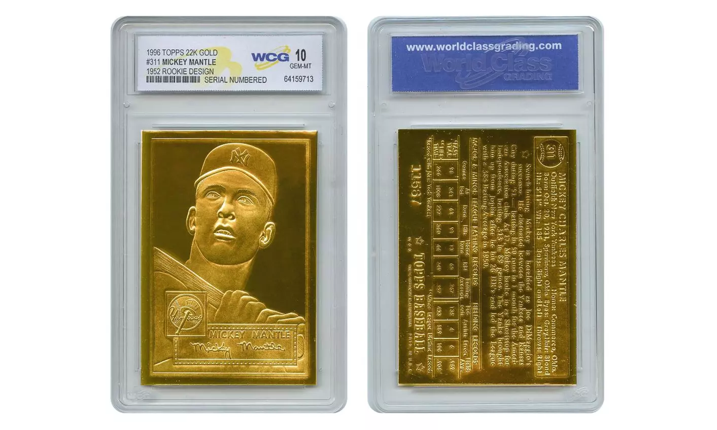 1996 Topps Mickey Mantle 22K Gold Card 1952 Rookie Card Design #311 Gem Mint 10 - Primary Image