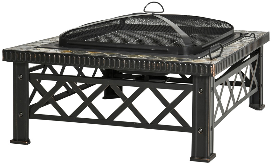 Image 3: Outsunny Square-Shaped Fire Pit Table with Optional Grill Shelf