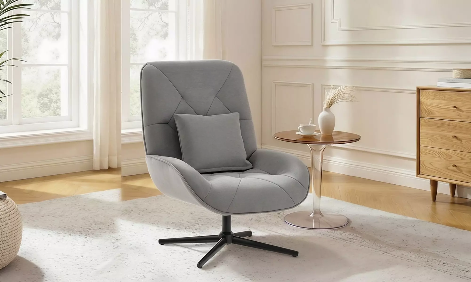 HOMCOM 360° Swivel Chenille Accent Chair with Lumbar Pillow
