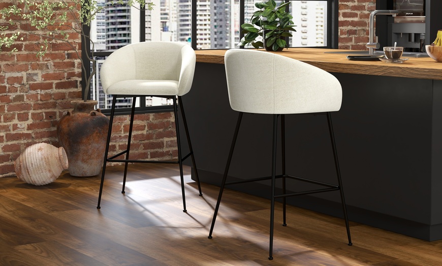 Image 3: Lote de 2 taburetes altos tapizados con respaldo, diseño contemporáneo