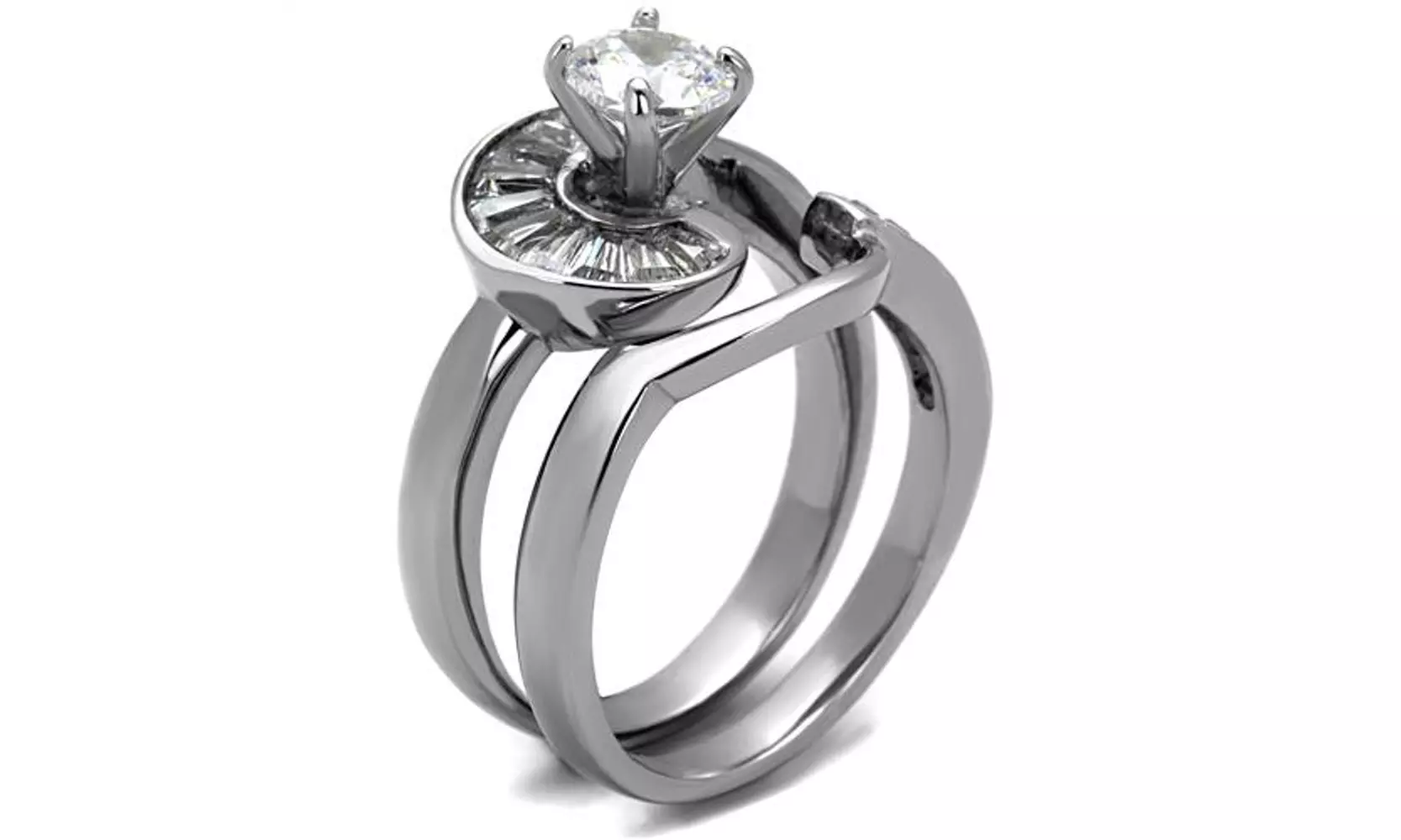 Womens 1.38ct Round & Bagguete Cubic Zirconia Stainless Steel Wedding Ring Set