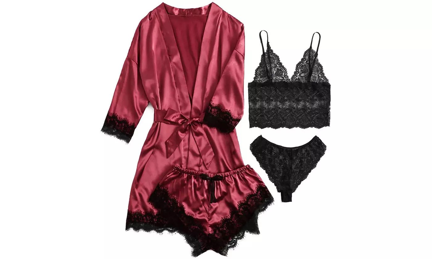 Women's 4pc Lace Silk Lingerie Pajama Set w/ Bralette, Panties, Robe & Shorts