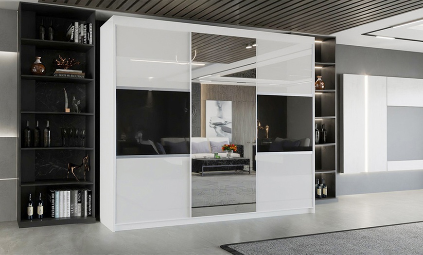 Image 7: Modern High Gloss Door Wardrobe With Mirror and Drawers