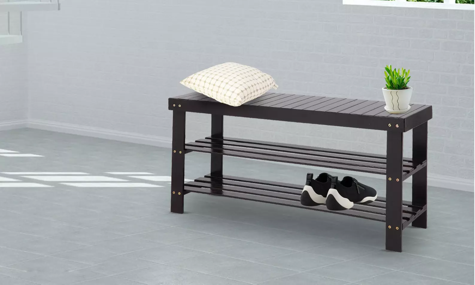 35" Strip Pattern 3 Tiers Bamboo Stool Shoe Rack Coffee