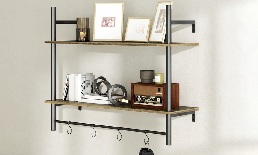 Image 5: HomCom Wall Shelf Unit with Four Hooks for Living Room, Entryway