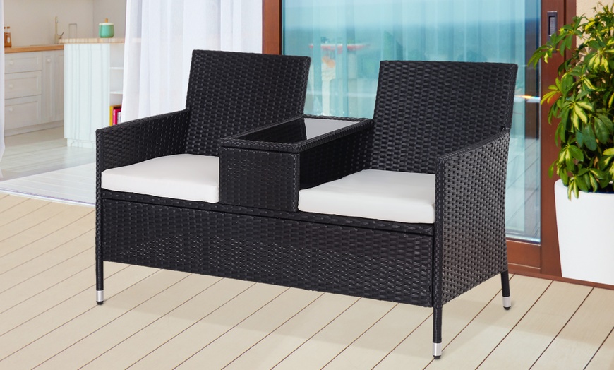Image 1: Outsunny Two-Seater Rattan-Effect Chair with Integrated Table, Black