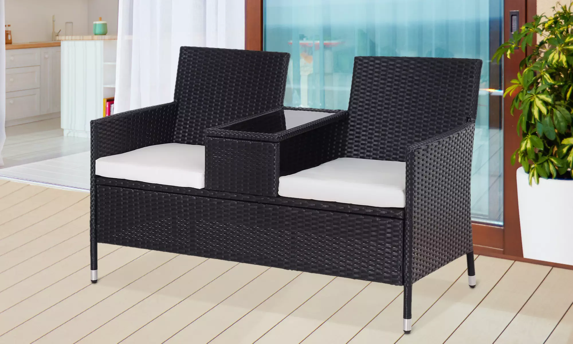 Outsunny Two-Seater Rattan-Effect Chair with Integrated Table, Black - Primary Image