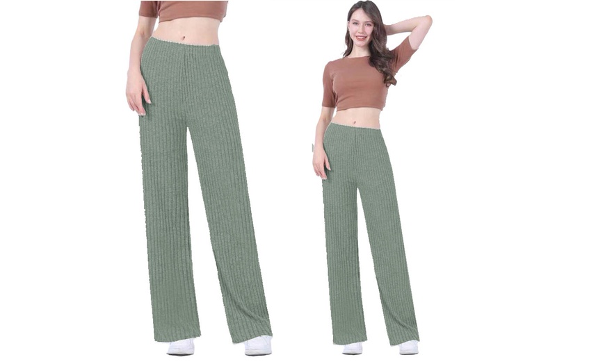 Image 17: Wide Leg Rib Knit Casual Bottoms
