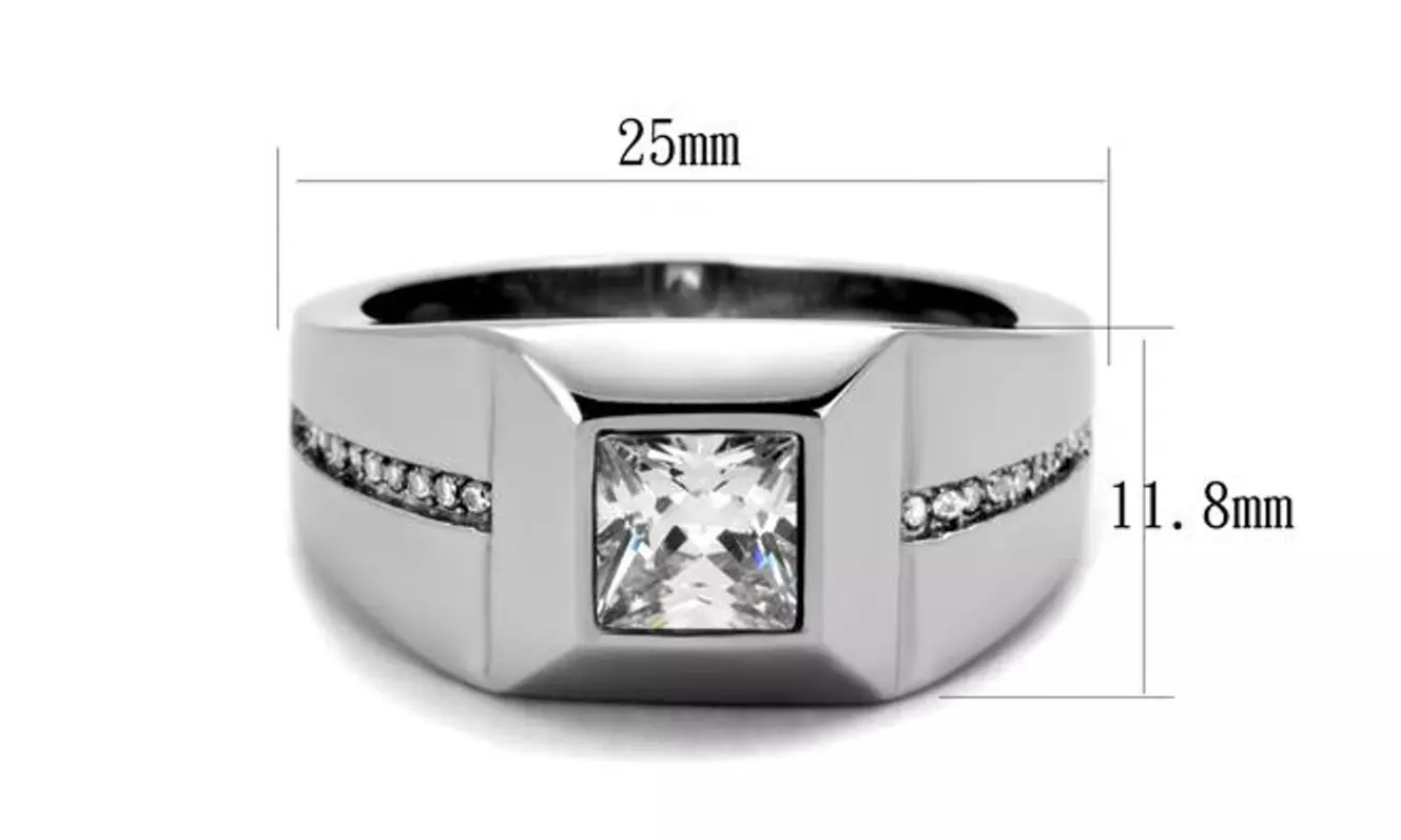 Mens Stainless Steel and Cushion Cut Cubic Zirconia Flush Setting Ring