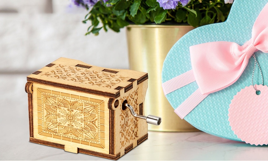 Image 1: Wooden Music Box Hand Crank Engraved Vintage Toy Kids Gift-You Are My Sunshine
