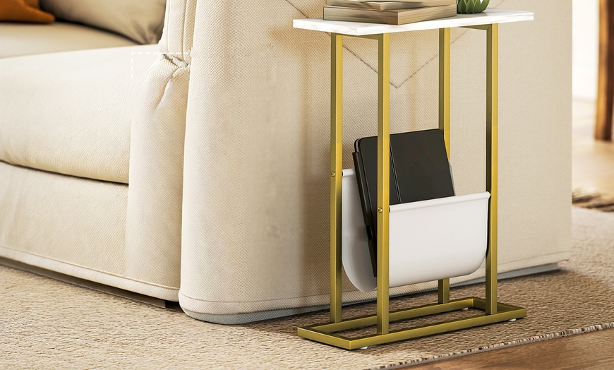 Image 5: HomCom Narrow Side Table, Chic White Marble-Effect Design