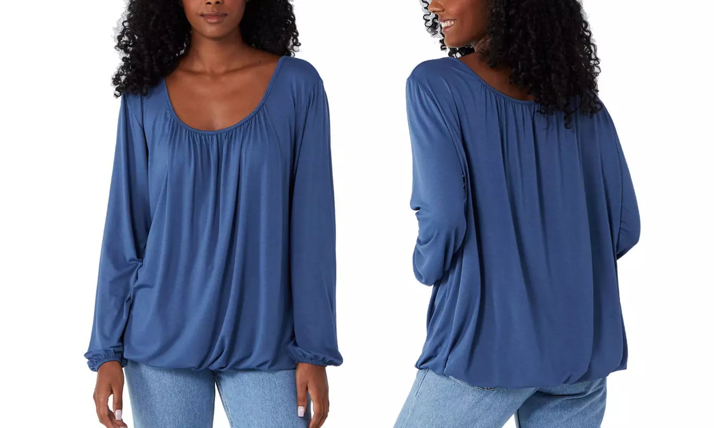 Ladies Baggy Fit Ruched Neck Long Sleeve Top