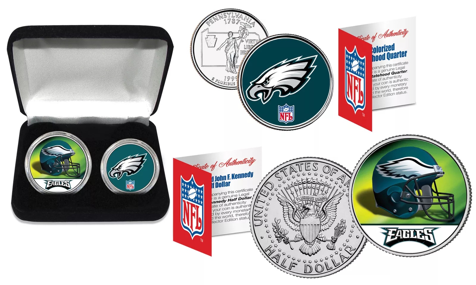 PHILADELPHIA EAGLES Officially Licensed NFL 2-Coin Set w/ Deluxe Display Box