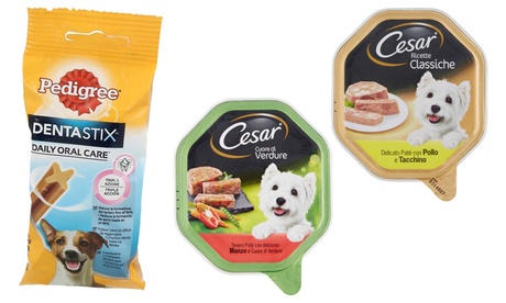 42 o 56 vaschette Cesar disponibili in vari gusti casuali e Dentastix Small in omaggio con spedizione gratuita