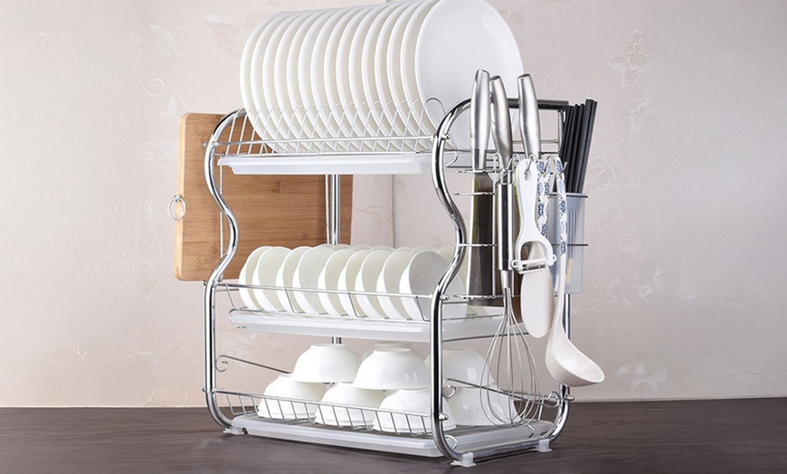 Image 1: Three-Tier Dish Drainer Rack Plate Draining Tray Board