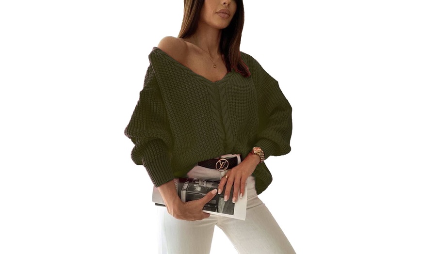 Image 3: Women's Braided V-Neck Cable Knit Oversized Jumper 