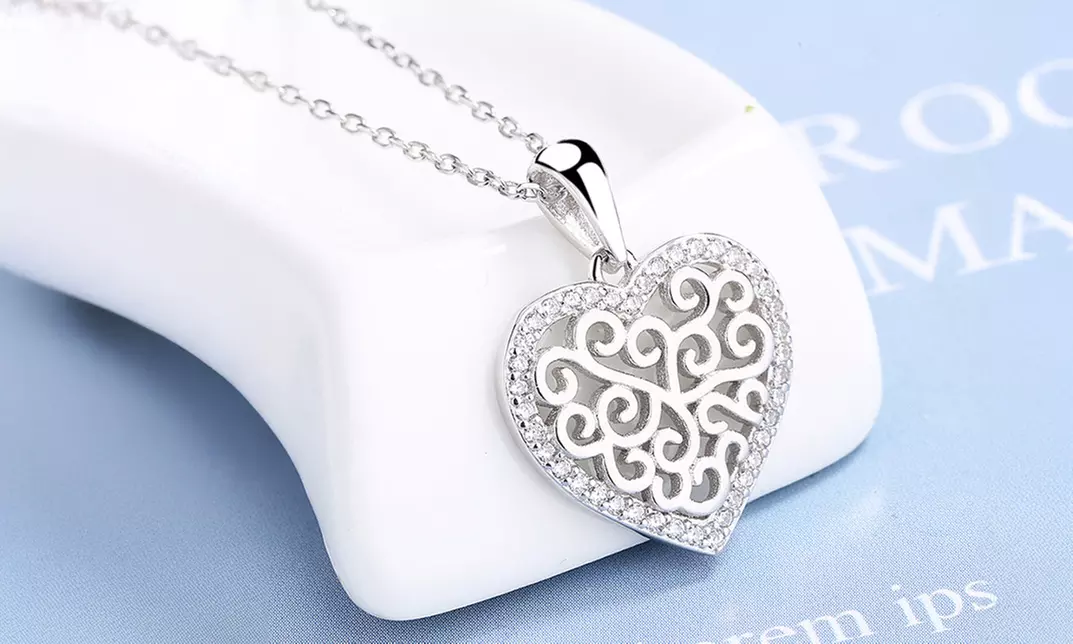 18K White Gold Filigree Heart Pendant Necklace with crystals from Swarovski - Primary Image